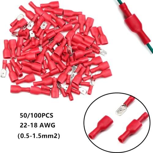50/100PCS 6.3mm Insulated Spade Crimp Terminal Wire Connector For 0.5-1.5mm2 Female&Male Electrical Wire Cable Connecors