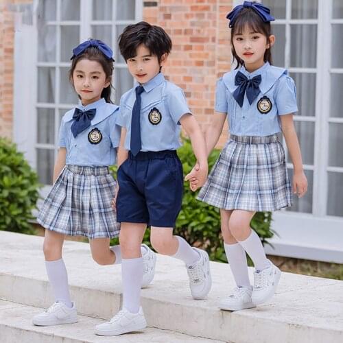 Anime Cosplay Costume School Uniforms Student Kids Girls Boys Primary Clothes Plaid Skirts Stage Costumes Blue Shirt Sailor Suit