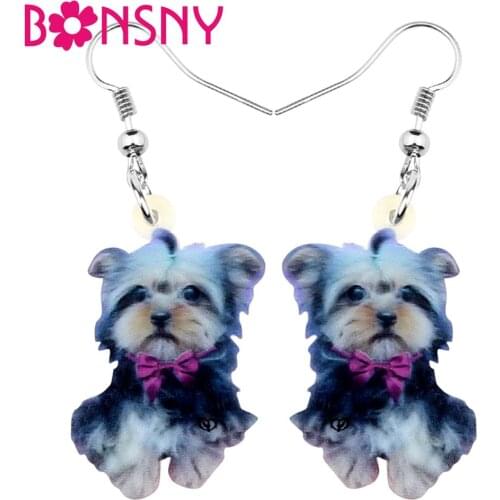 Bonsny Acrylic Wear Purple Tie Yorkshire Terrier Dog Earrings Drop Dangle Fashion Cute Jewelry For Women Girls Gift Decoration