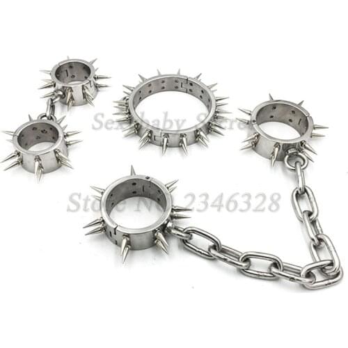 Lockable Stainless Steel Handcuffs Ankle Cuffs Collar With Thorn Detachable Spike Fetish Slave BDSM Bondage Sex Toys For Couples