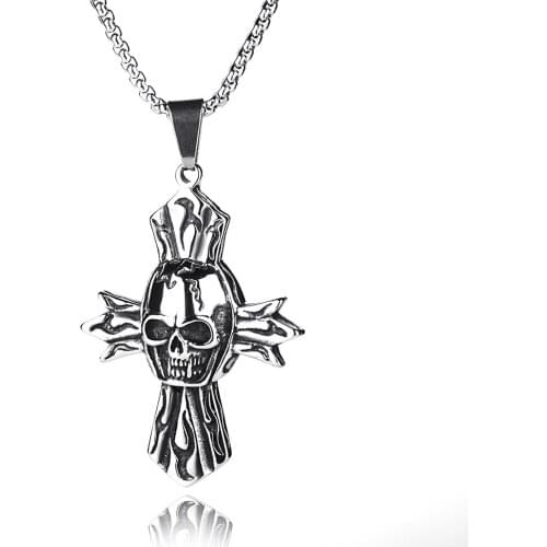 Gothic Satanic Devil Cross Stainless Steel Skull Cross Pendant Necklace Biker Style Rock Accessories Jewelry for man