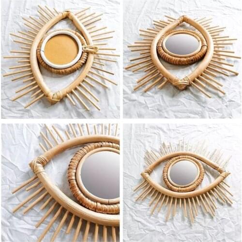 Rattan Innovative Art Decoration Eye Shape Makeup Mirror Dressing Wall Hanging