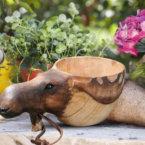 Kuksa Rubber Wooden Water Cup Hand Carved Animal Head Cup Tea Beer Vintage Coffee Juice Outdoor Camping Drinking Mug Drinkware