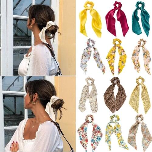Fashion Print Bow Satin Girls Elastic Hair Bands Hair Accessories Long Ribbon Ponytail Scarf Hair Tie Women Scrunchies Headband