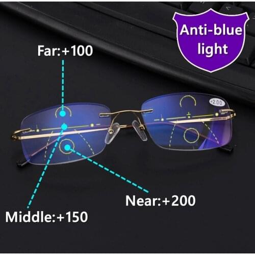 High Quality Rimless Progressive Multifocal Reading Glasses Men Anti Blue Light Presbyopic Glasses Women Ultra Light Metal Gafas
