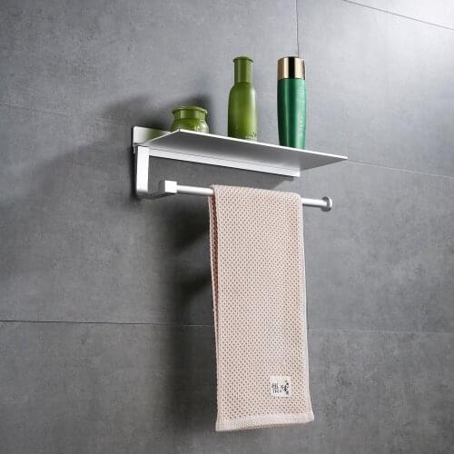 Wall Mounted Bathroom Towel Holder Rack with Shelf Multi-function Kitchen Shelf with Bar Aluminum