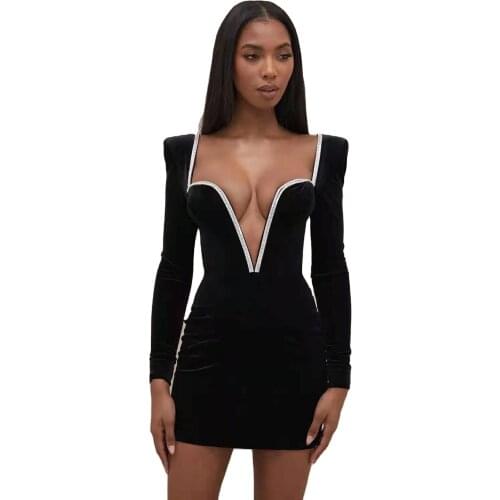 2021 early spring new sexy long sleeve low cut V neckline drill show backpack hip slim dress