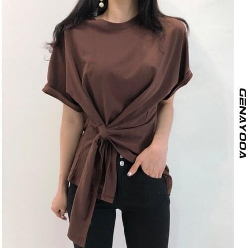 Genayooa Casual T Shirts For Women Female Loose Cotton Lace Up Irregular Tee Shirt Women Short Sleeve Tops Ladies Korean Fashion