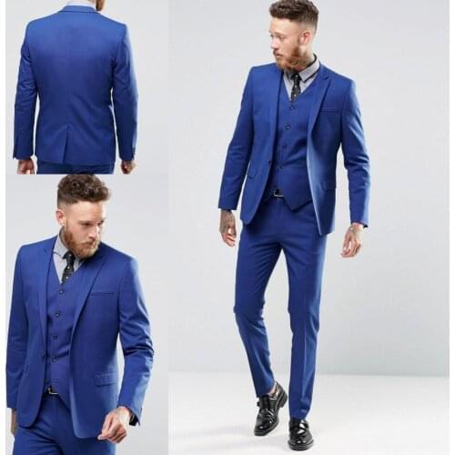Custom Made Blue Men Suits One Button Groom Tuxedos Wedding Suits For Men Groom Wear Slim Fit Tuxedos For Men (Jacket+Pant+Vest)