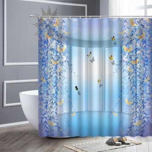Dream Butterfly Floral Shower Curtains Vine Flowers Blue Background Printing Bathroom Decor Screens With Hooks Bath Curtain Sets