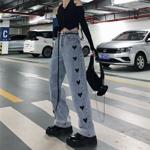 Love Embroidered Jeans Women 2021 Spring/Autumn New Punk Goth Straight Mopping Bootcut Pants Vintage High Waist Preppy Trousers