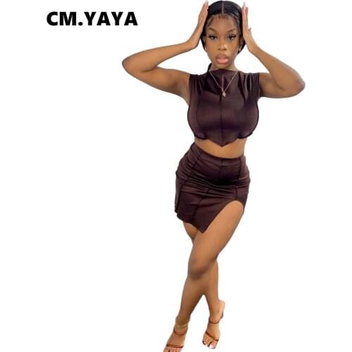 CM.YAYA Women Set Solid Sleeveless Crop Tanks Tops Mini Splited Skirts Two 2 Piece Sets Fashion Tracksuit Outfit Summer 2021