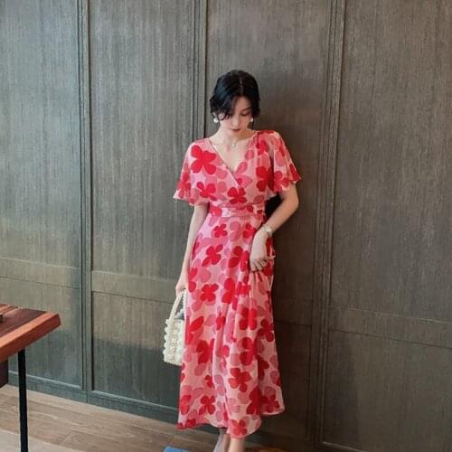 Fashion women new arrival chiffon print cute long dress casual vintage high quality summer v-neck a-line dress