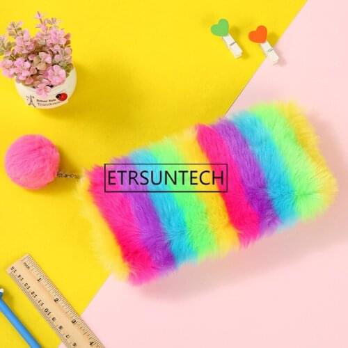 50pcs Pencil Case Kawaii Pen Box Laser Plush Ball Rainbow Iridescent Makeup Bags Storage Bag Gift