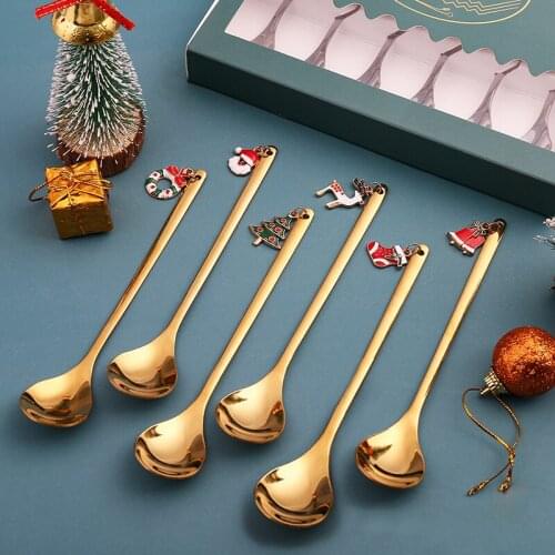 6PCS Coffee Dessert Spoon Stainless Steel Christmas Mixing Spoons Party Coffee Spoon Christmas Teaspoon Decorations Gift