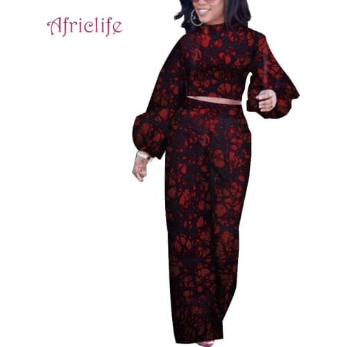 African Dashiki 2 Pieces Set for Women Full Sleeves Top+Ankle Length Wide Pants Casual Cotton Elegant Women Suits WY4364