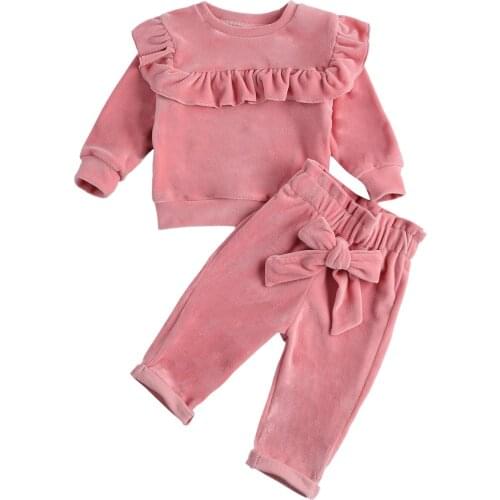 Toddler Baby Girls Smooth Velvet Outfit Sets Round Neck Ruffle Trim Top Elastic Waist Bowknot Pant Baby Spring Autumn Clothes