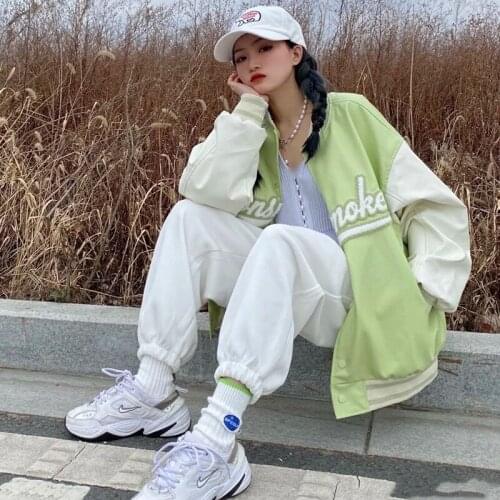 Letter Green Baseball Jacket Womens Spring and Autumn New Loose Korean American Streetwear Top Womens Oversized Jacket Clothes