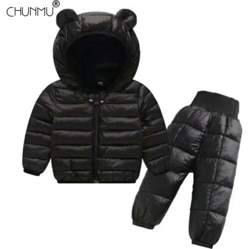 Childrens Clothing Winter Down Jacket Suit 1-5 Years Warm Toddler Boy Girl Solid Color Set Hooded Coat + Pants 2 Pcs