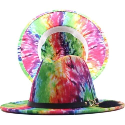 Trend Tie Dye Printed Colour Fedora Hat For Women Lady Girl Men Boy Unisex Dress Party Felt Jazz Cap Black Belt Docor