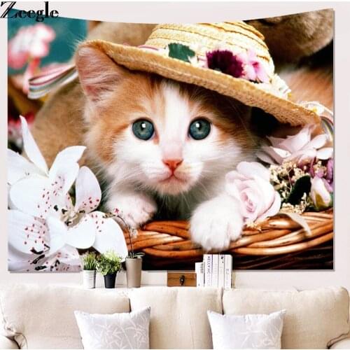 Zeegle Cat Pattern Polyester Tapestry Animal Printed Wall Hanging Mural Gobelin Living Room Home Decor