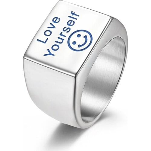 Hip Hop Stainless Steel Smiley Luminous Love Yourself Word Punk Ring For Men Women Unisex Jewelry Gift High Quality