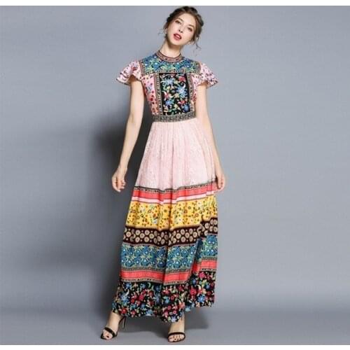 Short Sleeve Slim Dress 2021 Newest Autumn Summer Runway Long Maxi Women Dress Chiffon Patchwork Lace Printed Floral