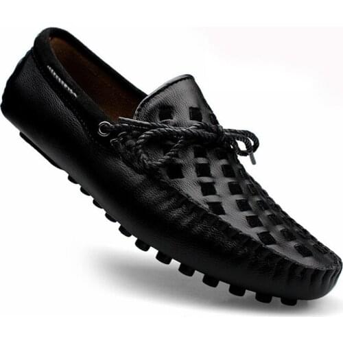 Leather Men Shoes Casual Flats Men Shoes Breathable Loafers Genuine Leather Slip Moccasins Comfortable Checkered Embossing 2019