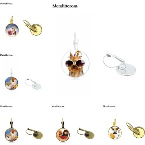 Mendittorosa Love Dog New Arrival Glass Statement Women Round Bronze/Silver/Golden Clip Ear Hook Drop Earrings