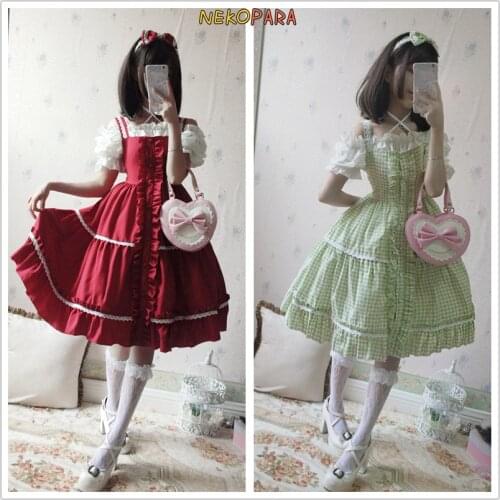 Cute Womens Lolita JSK Dress Solid/Plaid Sleeveless Suspender Dress Stringy Selvedge Lace Trim One Piece Cute Colors Red/Green