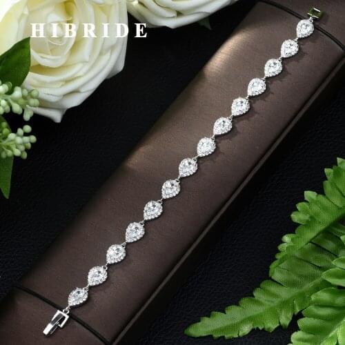 HIBRIDE Fashion Colors Elegant Water Drop Shape Cubic Zirconia Strand Bracelet Bangles for Women Bridal Wedding Jewelry B-86
