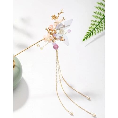 Fashion Gold Metal Chinese Style Tassels Hair Sticks Flower Pearl Hair Chopsticks Hairpins Hanfu Wedding Party Hair Accessories