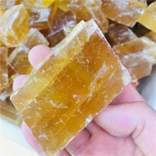 Natural yellow rough selenite crystal slab transparent gypsum specimen