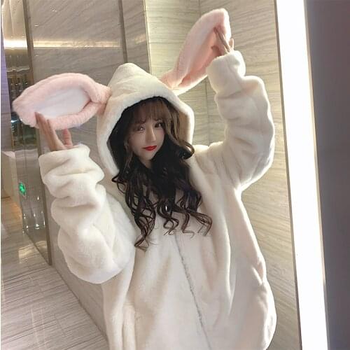 Autumn and Winter Gothic Harajuku Couple Hoodie Cute Rabbit Ears Black Hooded Jacket Ladies Sweet Korean Loose Warm Plush Coat