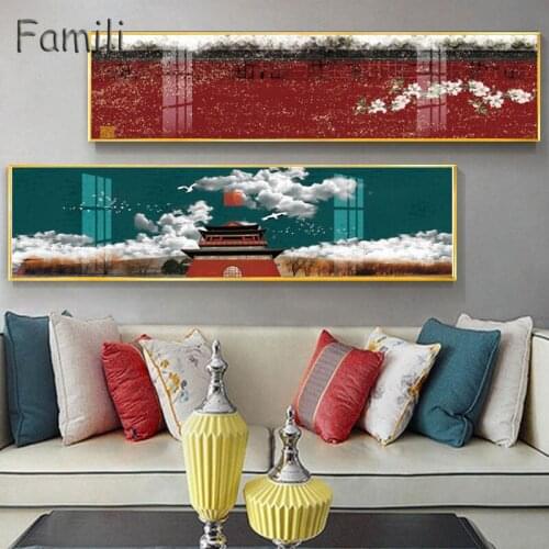 New chinese style Mountains golden blue banners Canvas painting poster n prints Bedside Wall Art Posters For Living Room Bedroom