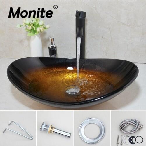 Monite Yellow Brown Bathroom Tempered Glass Sink Set Oval Wash Basin ORB Faucet Combo Set Chrome Pop Up Sink Drain Faucet
