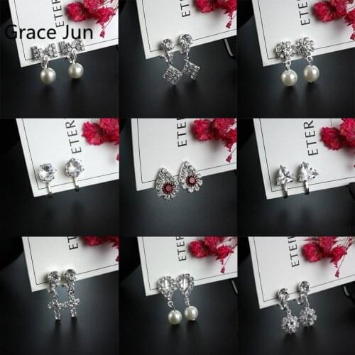 Grace Jun Rhienstone Crystal Clip on Earrings for Women Girl Popular Small Geometric Bowknot Crown Waterdrop No Pierced Earrings