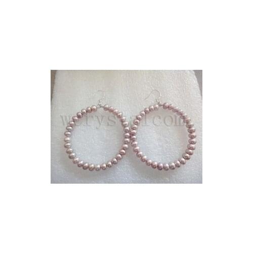 Rondelle Real Natural Fresh Water Lavender Cultured Pearls Earrings Hoop 2"