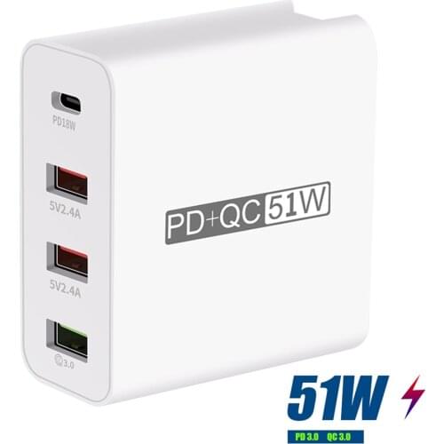 4 Ports USB PD Charger 51W Type C QC 3.0 4.0 Quick Charge Wall Charger For iPhone Huawei Xiaomi Fast Charging USB Power Adapter