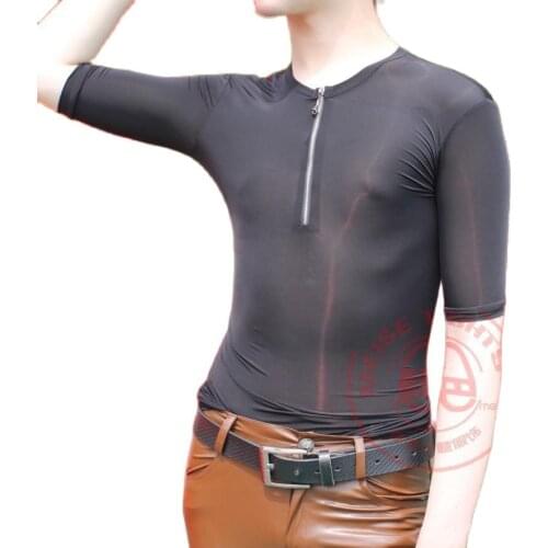 Ice Silk Transparent Short Sleeve T Shirt Men Fitness Clothing Top Slimming Body Shaper Bodysuit Fashion Bodybuilding One Piece