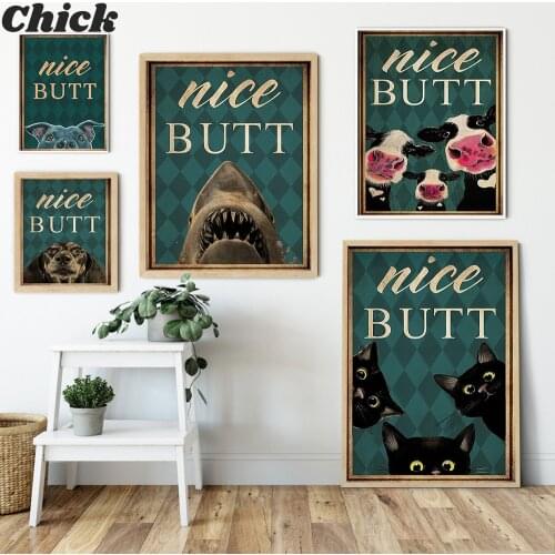 Funny Bathroom Metal Black Cat Shark Cows Dog Vintage Canvas Painting Posters And Prints Wall Picture For Living Room Decoration