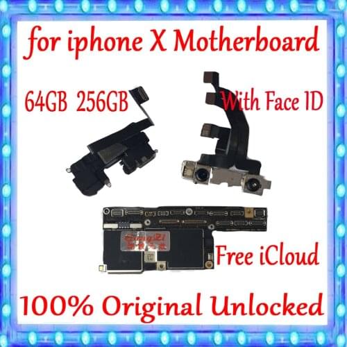 Factory Unlocked For iPhone X Motherboard 64GB 256GB With Chips 100% Original For iPhone X Logic Board with / Without Face ID