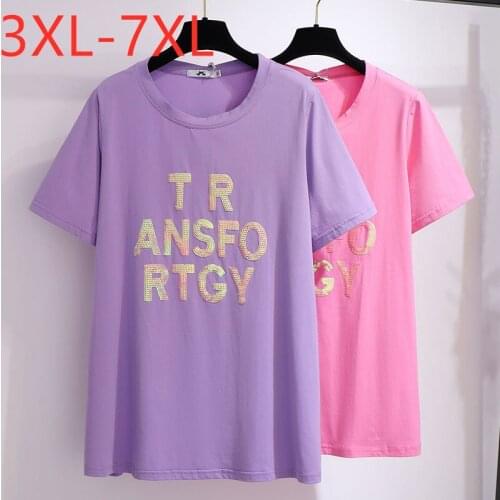 New 2021 summer plus size tops for women large loose short sleeve print letter cotton T-shirt pink purple 3XL 4XL 5XL 6XL 7XL