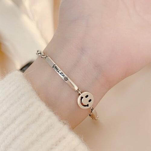 Simple Smile Face 925 Sterling Silver Bracelet For Women Vintrage Thai Silver Rectangular Engraved Letter Jewelry Gift