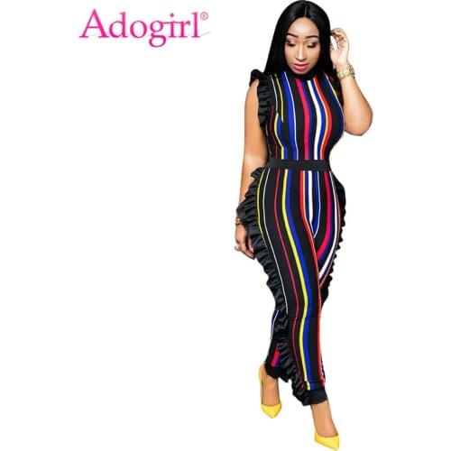 Adogirl Rainbow Colorful Stripe Ruffle Jumpsuit 2020 Spring O Neck Sleeveless Casual Romper Clearance Sale Cheap Overalls