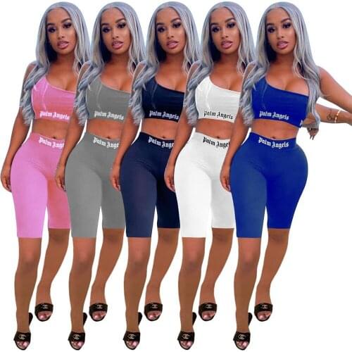 Womens Clothing Solid Color Fashion Printed Letters Sexy Tops Casual Tight-fitting Sports Shorts Suit Wholesale Dropshipping