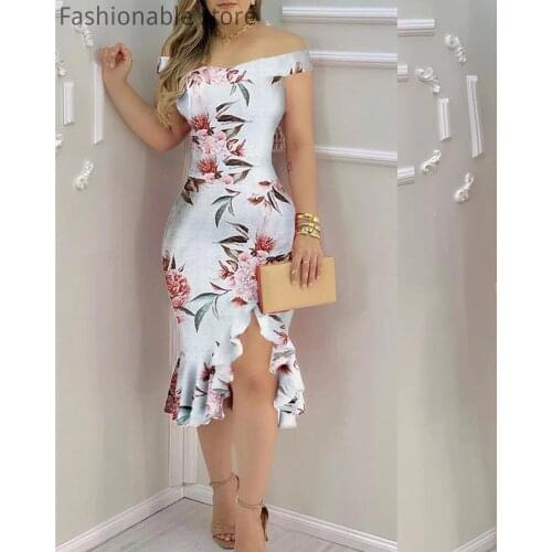 Women Off Shoulder Floral Print Bodycon Dress Solid Color Ruffle Hem Slit Asymmetry Dresses