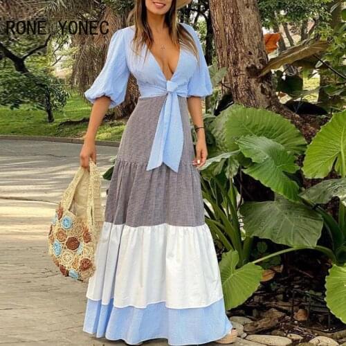 Women Lantern Sleeve Tie Front Colorblock Maxi Dress Vacation Dress 2021