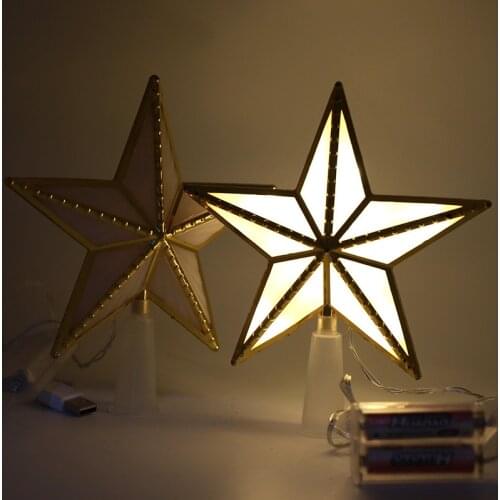 Gold Christmas Tree Topper Star LED Light Up USB or Battery Powered New Year 2021 Home Xmas Decor Decoration Ornament