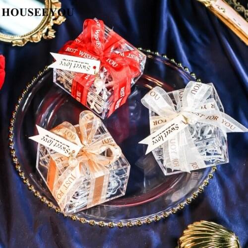 1PC Transparent Acrylic Candy Box Plastic Storage Container Baby Gift Bag Shredded Glitter with Ribbon Party Supplies